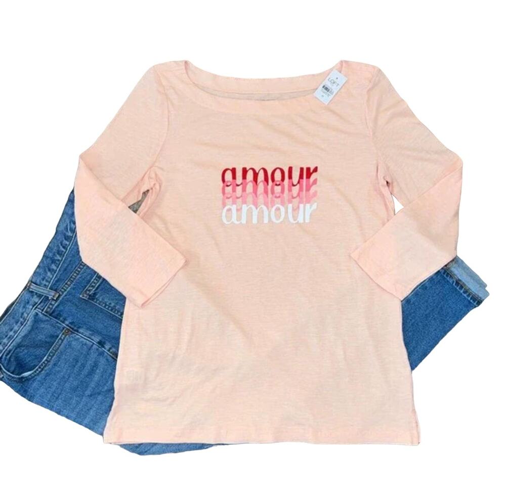 NWT LOFT Pink W/Amour LOVE Graphic Boatneck Long Sleeved Top